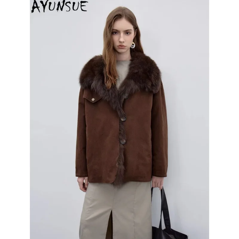 AYUNSUE Real Fox Fur Collar Winter Jacket Woman Warm 90% White Goose Down Coat Women Mid-length Parka 2026 Abrigos De Mujer