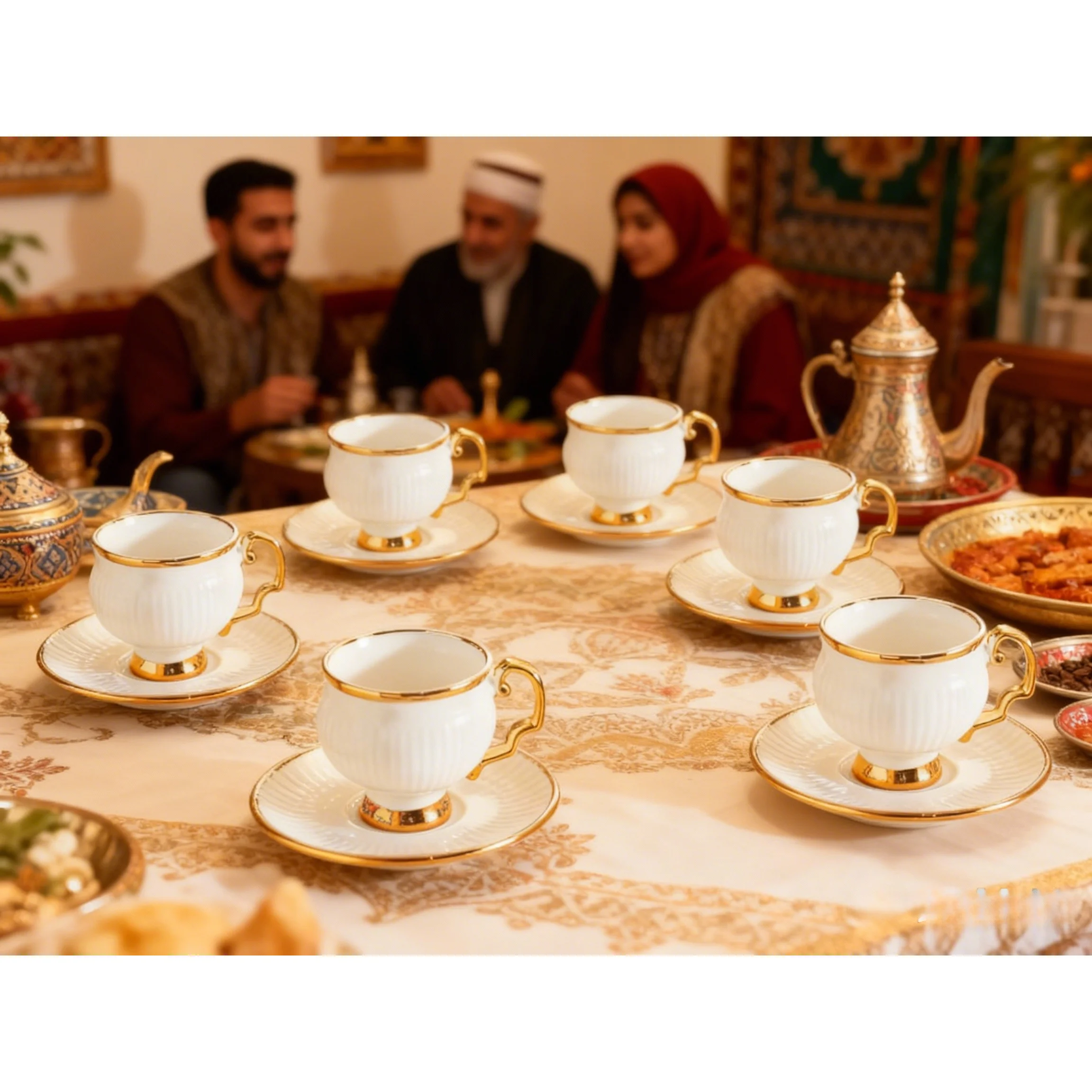 2/4-teiliges 3oz Keramik-Kaffeetassen-Set mit Untertassen - Tassen im türkischen und arabischen Stil mit goldenem Randdesign, geeignet für Kaffee, Milch