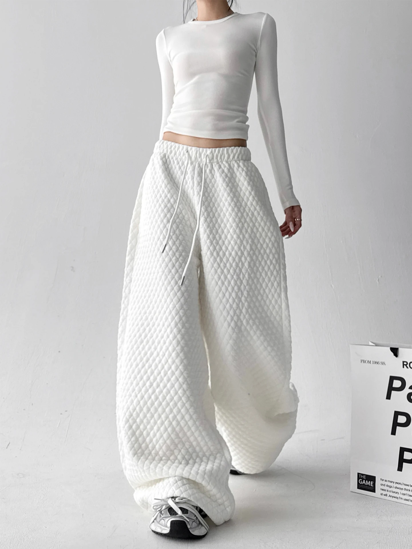 Thiened Fce Wide Leg Pants Women's Winter Casual Straight Long Pants Diamond Pattern Cotton l Waist Lantern Pants