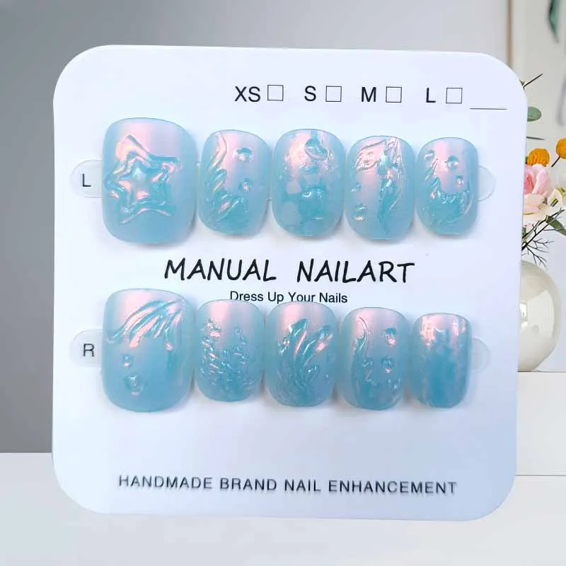 10 stuks Ocean Secret Realm Blue Matte Vissenstaart Aurora Korte Ronde Kop Druk op Nagels Roze Vissenstaart met Parel Flase nagel Patch