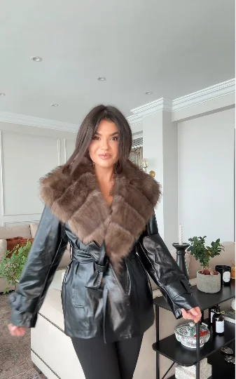 Large Faux Fur Collar Faux Leather Belted Jacket For Women Open Front Long Sleeve Warm Winter New Chic  Casual Street Outerwear