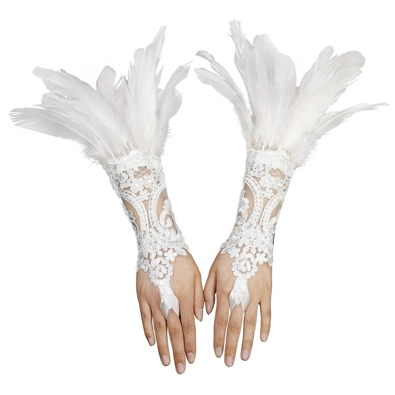 Lace Feather Long Gloves Gothic Mesh Sleeve Halloween Party Hook Embroidery White Mittins Female Stage Accessory