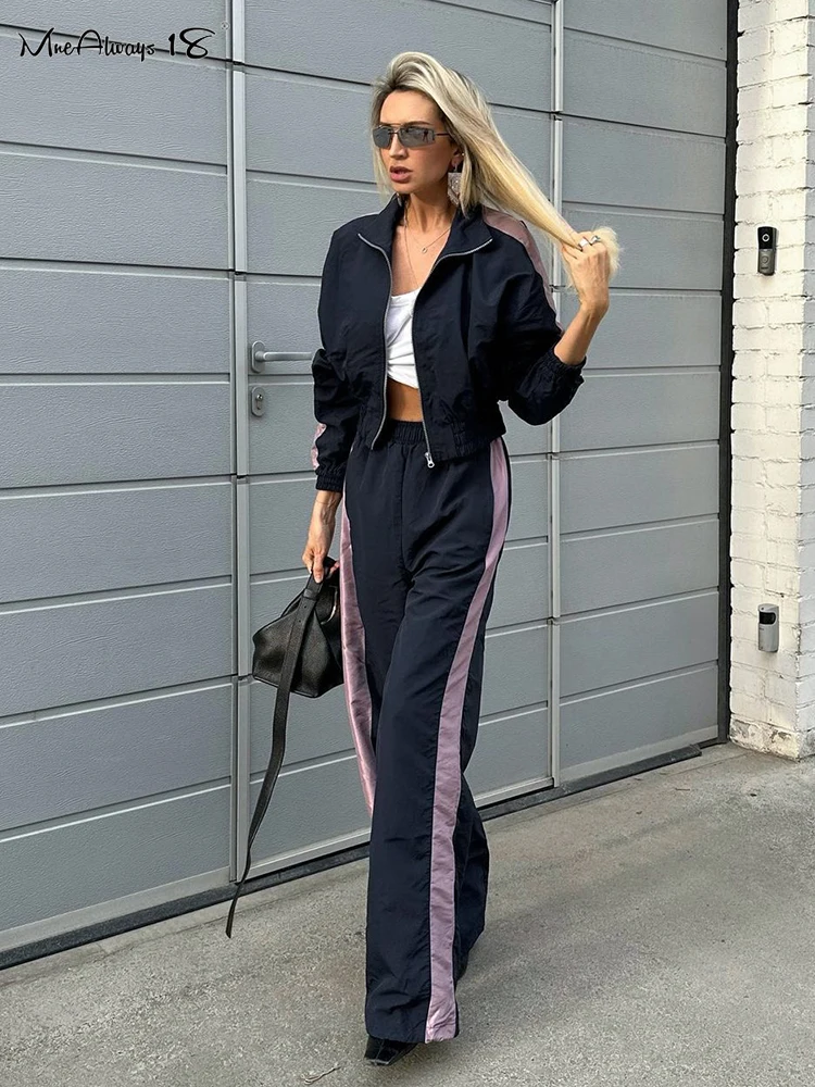 Mnealways18 Sporty Navy Patchwork Pants Sets Two Pieces Zipper Jackets And Wide Legs Pants Women Outfits Lady Autumn Winter 2024