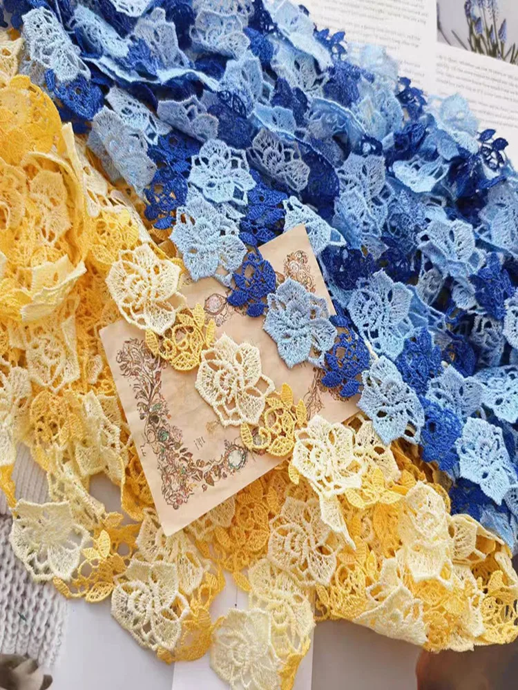 10Yds 3cm Wide Yellow Blue Mixed Hollow Flower Fabric Diy Wedding  Lace Accessories Doll Dress,Bra, Trim Garment