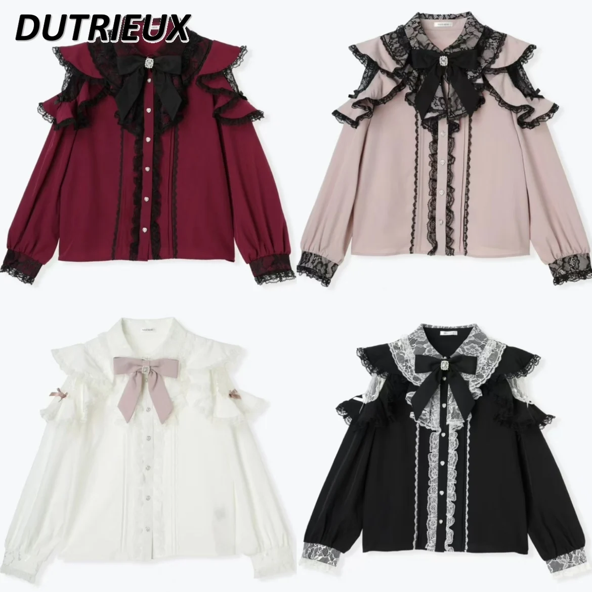 Japanese Style Landmine Sweet and Cute Girls Lapel Top Mass-production New Lace Fungus Edge Long-sleeved Shirt Camisas