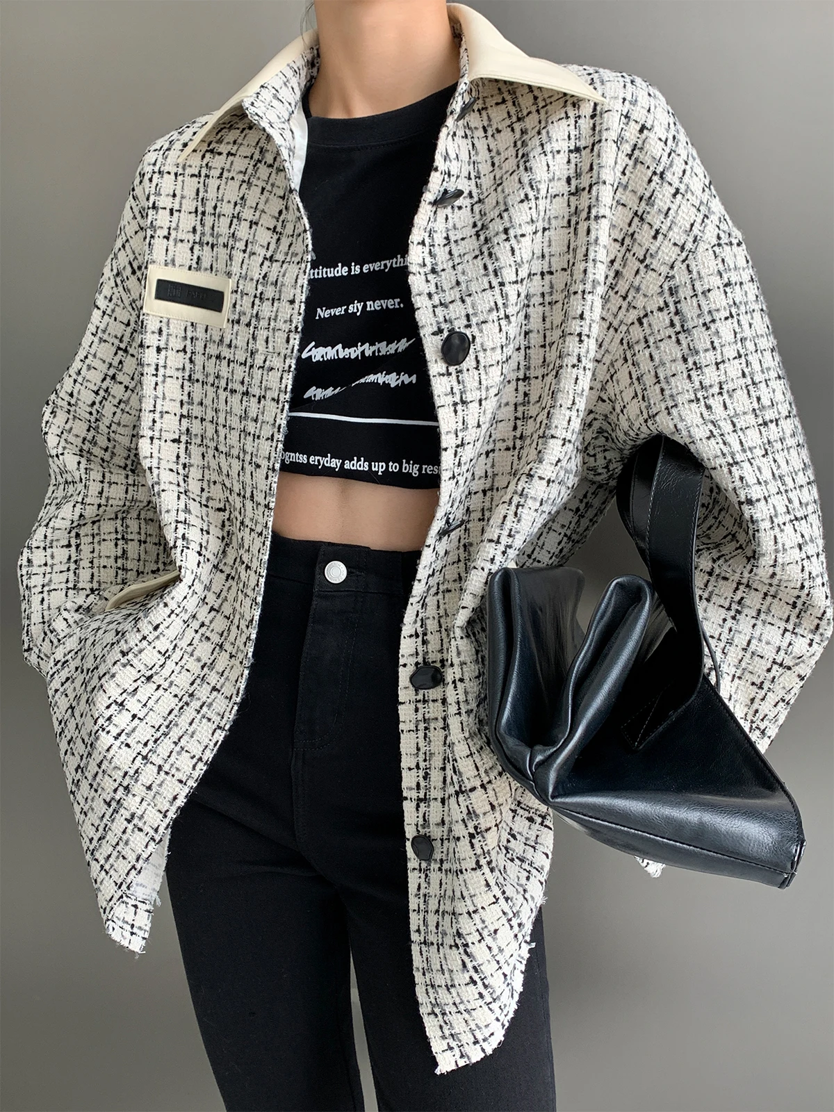 

Retro Plaid Spring irt Jaet Women's Patchwork Leather Design Loose Young Women's Outerwear Open Cardigan Sle