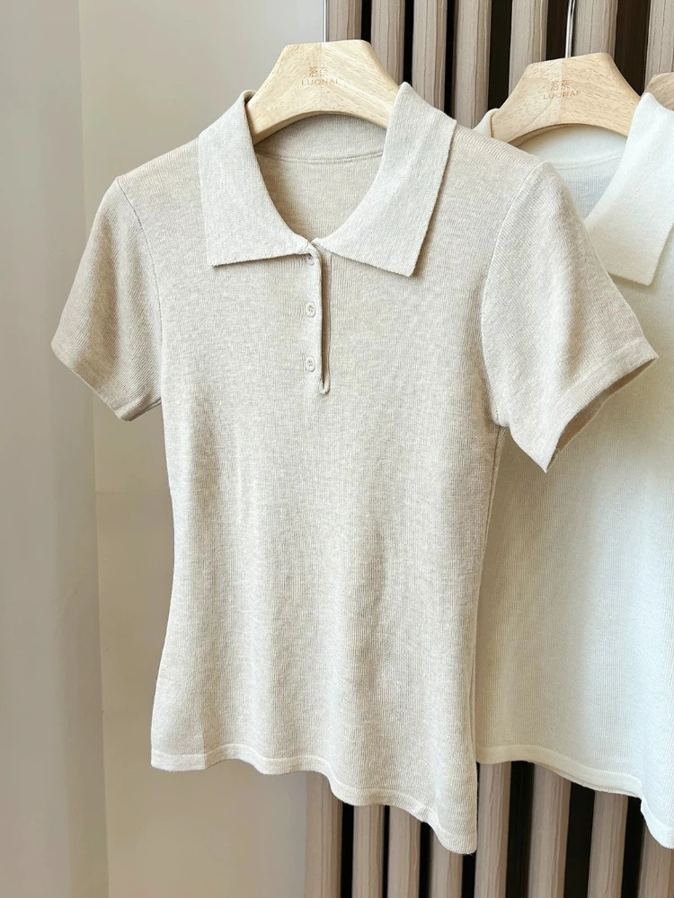 zjaiss Retro Polo Collar Knit Short Sleeve Tee 2026 Summer New Women T-shirt Simple Versatile Figure Flattering Solid Top
