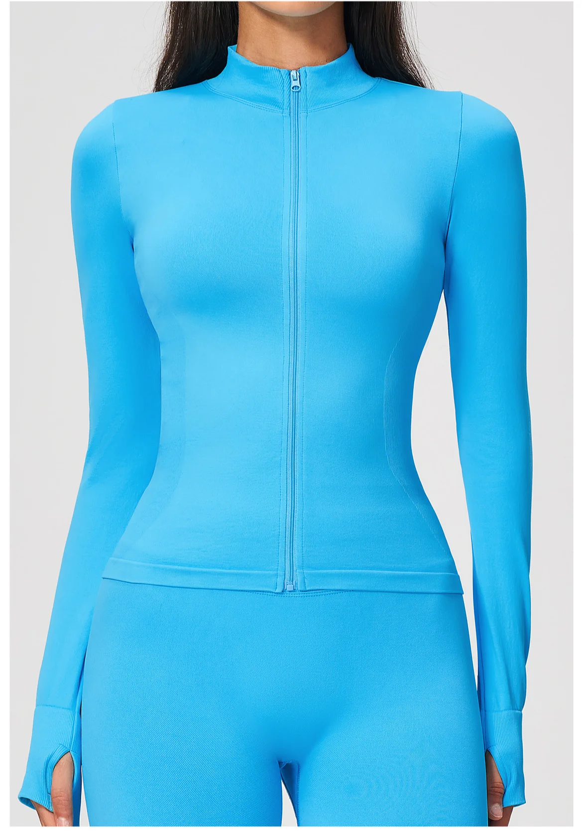 Women's Seamless Long Sleeve Yoga Top Ribbed High Neck Full Zip Slim Fit Sports Jacket Thumb Hole Workout Gym Running Activewear