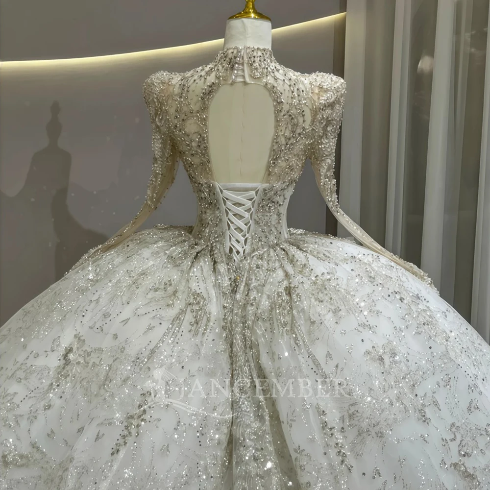 カスタムメイドの豪華なアイボリー色のロングスリーブウェディングドレス、Vネック、クリスタルビーズをあしらったブライダルプリンセスボールドレス、ウェディングドレス（vestidos de novia boda）