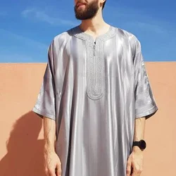 2024 New Men Arab Muslim Fashion Islamic Clothing Men Embroidered Jubba Thobes Homme Moroccan Kaftan Eid Prayer Long Robe Dress