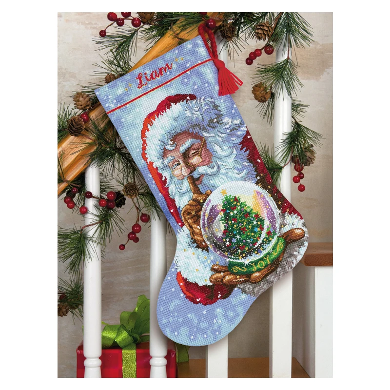 Dim 08666 Winter Twilight Stocking Counted Cross Stitch Kit Christmas Skiing Sled, Enchanted Ornament, Santa\'s Snow Globe, DIY