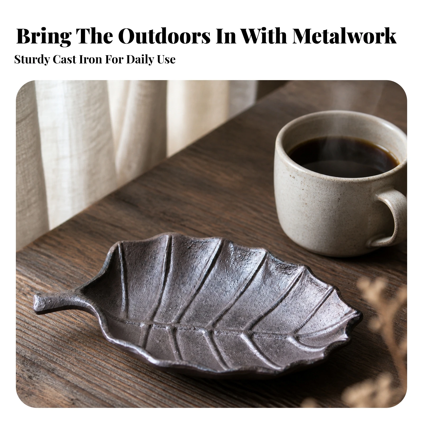 Cast-Iron Leaf Tray Decorative Leaf-Shaped Serving Tray with Handle Functional Japanese-Inspired for Coffee Table, Dining Area