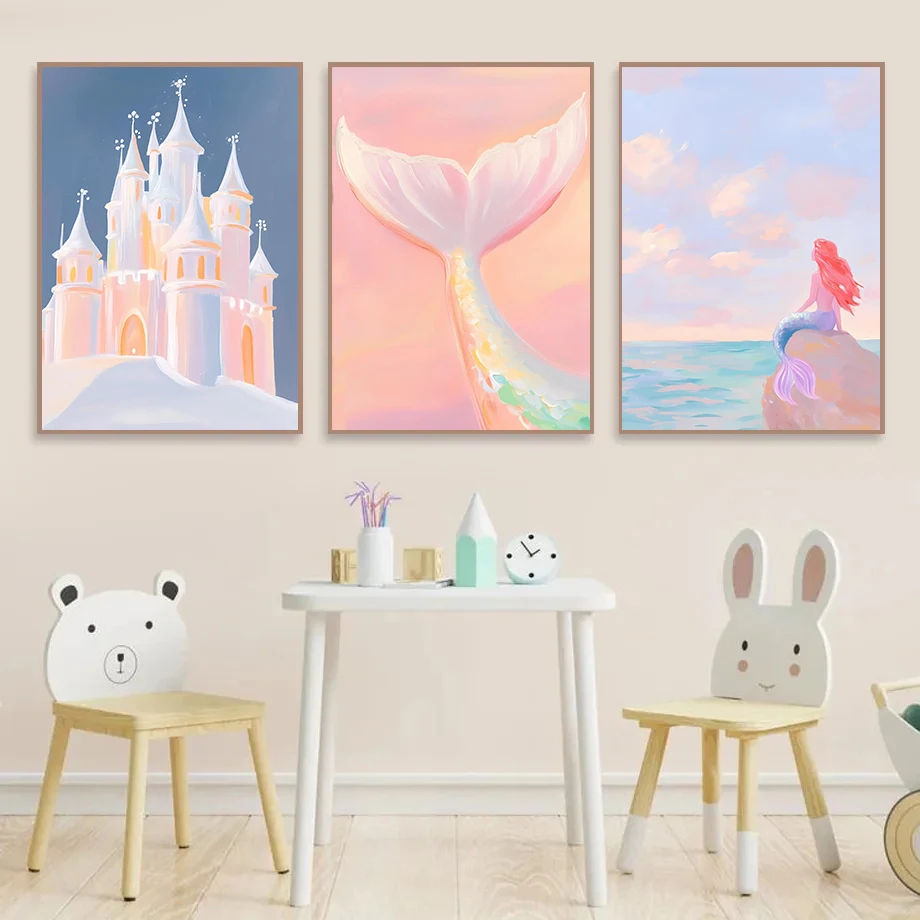 Dreamy Fairytale Castle Princess Posters Unicorn Rainbow Mermaid Tail Prints Canvas Painting Wall Pictures Kid's Room Girl Decor