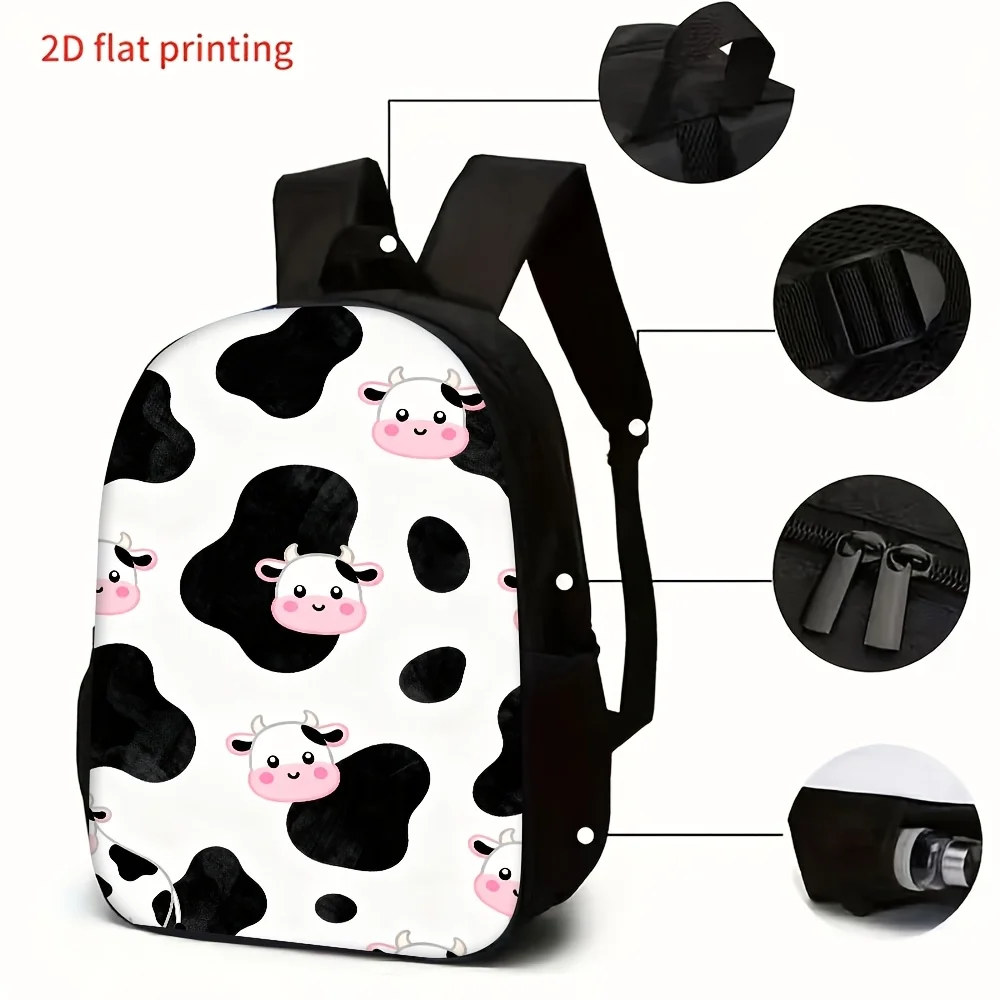 3pcs Cow Print Backpack with Storage Bag & Pencil Case Suitable for,, Daycare - Lightweight Zipper Closure, Adjustable