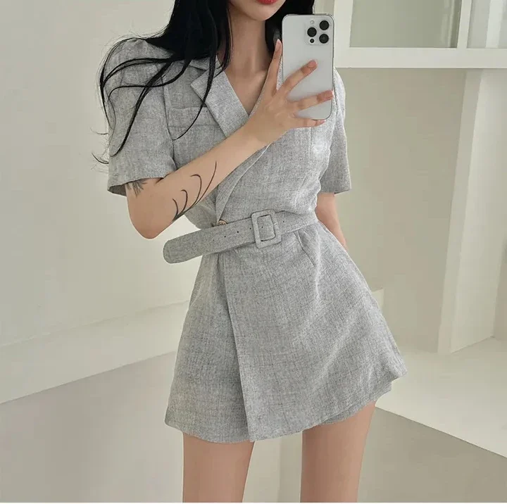 Design Casaul Vestidos 2024 Korean Chic Summer French Retro Lapel Lace Dresses Waist Slim Bubble Sleeve Small Suit Dress Woman