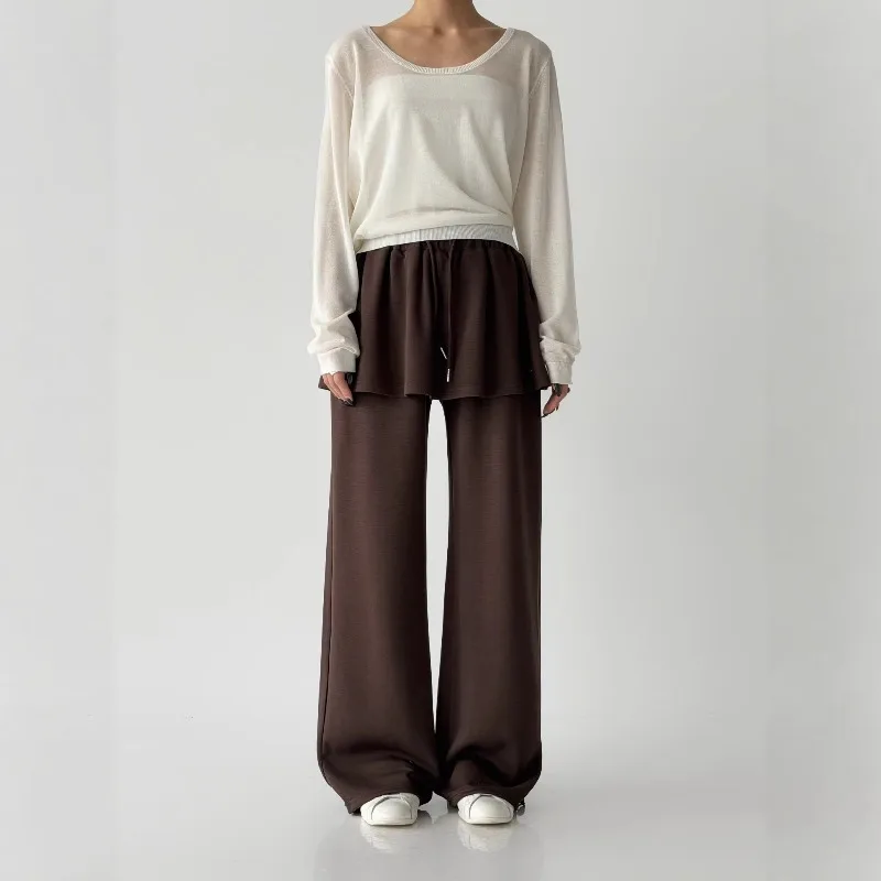 Fake Two-piece Trouser Skirt Women's New High-waisted Drawstring Drape Wide-leg Sweatpants Lazy Casual Sports Trouser Skirt