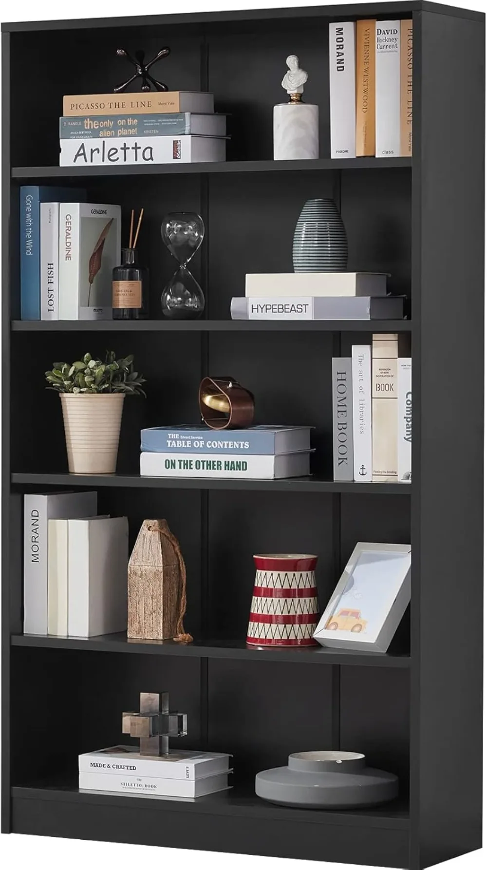 Black Bookshelf for Bedroom 5 Shelf Office Bookcase 60 Inches Tall Modern Wood Bookshelf for Living Room 5 Tier Wide Manga