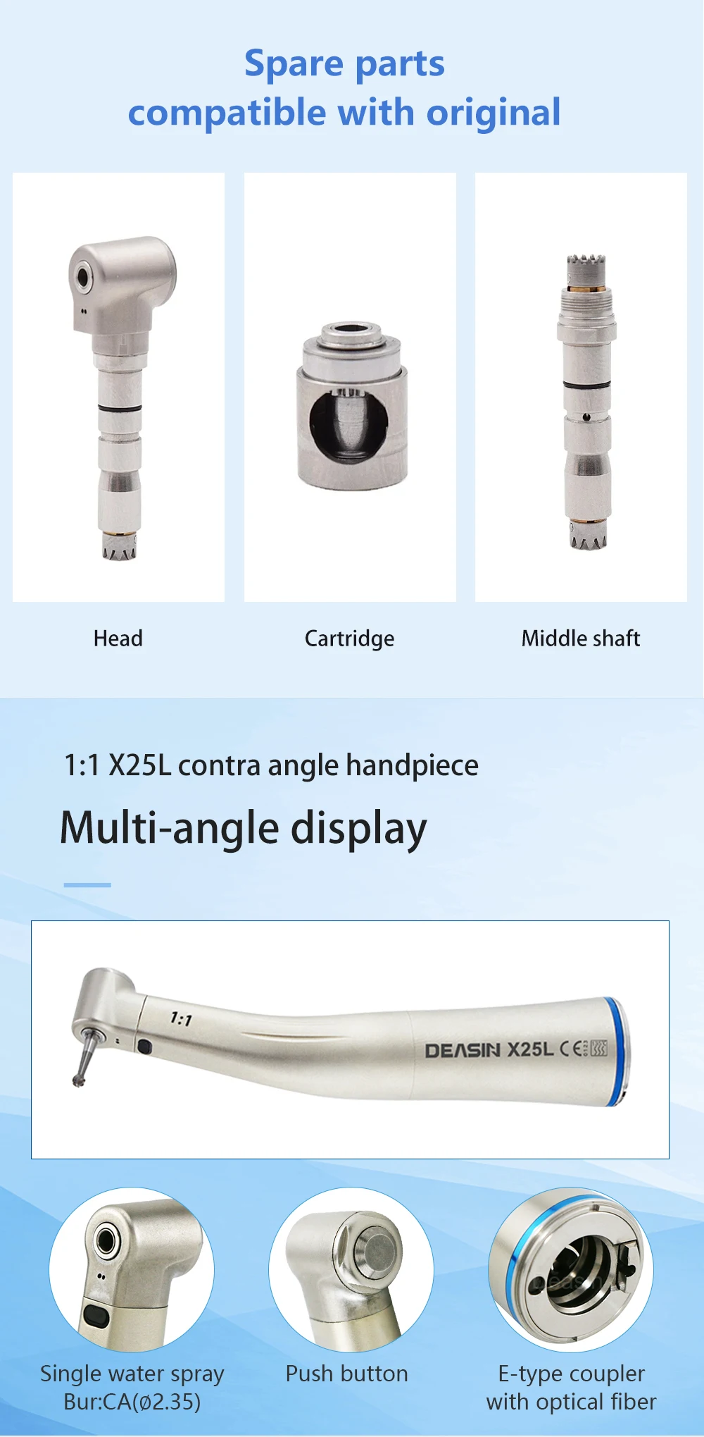 Contra Angle 1:1 1:5 20:1 1:4.2 Dental Handpiece Fiber Optic Low Speed High Speed X95L Style Dental Implant Equipment