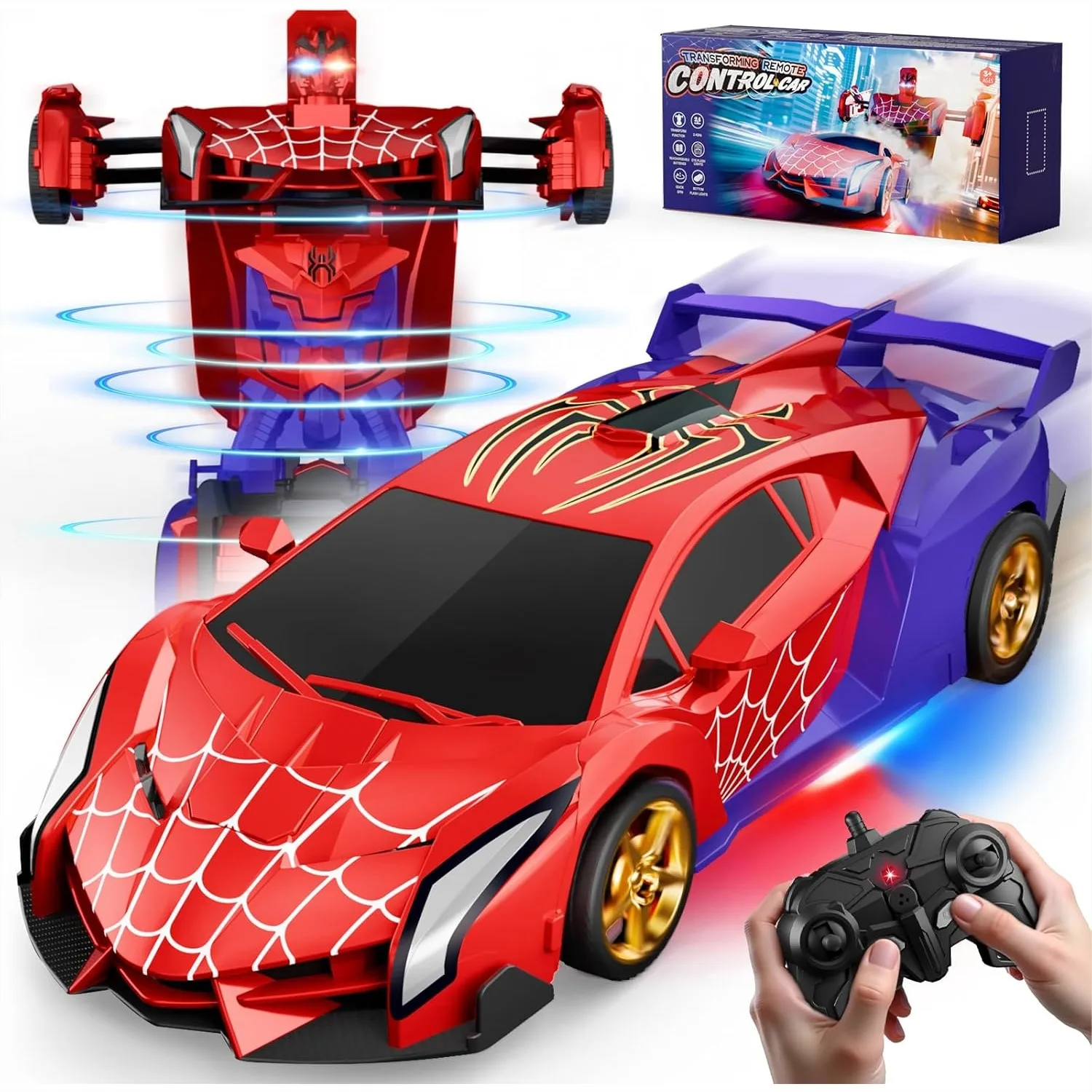 

Spider Transform RC Car Robot Toys With Eye And Underbody Lights 2.4GHz Remote Control Car One Button Deformation Fast 360 Degree Rotation Birthday Gifts For 3-10 Year Old Boys