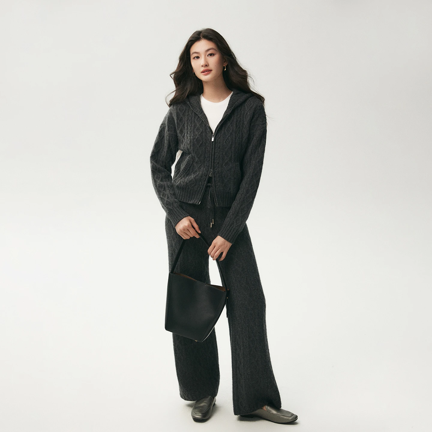 ADDONEE Women 100% Cashmere Sweater Pants Suit Thick Zipper Hoodie Cardigan Wide Leg Pants Autumn Winter Cashmere Knit Outfit