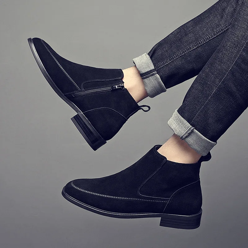 Winter New Shoes for Men Genuine Leather Casual Shoes British Style Suede Chelsea Boots Plush Inside Ankle Boots