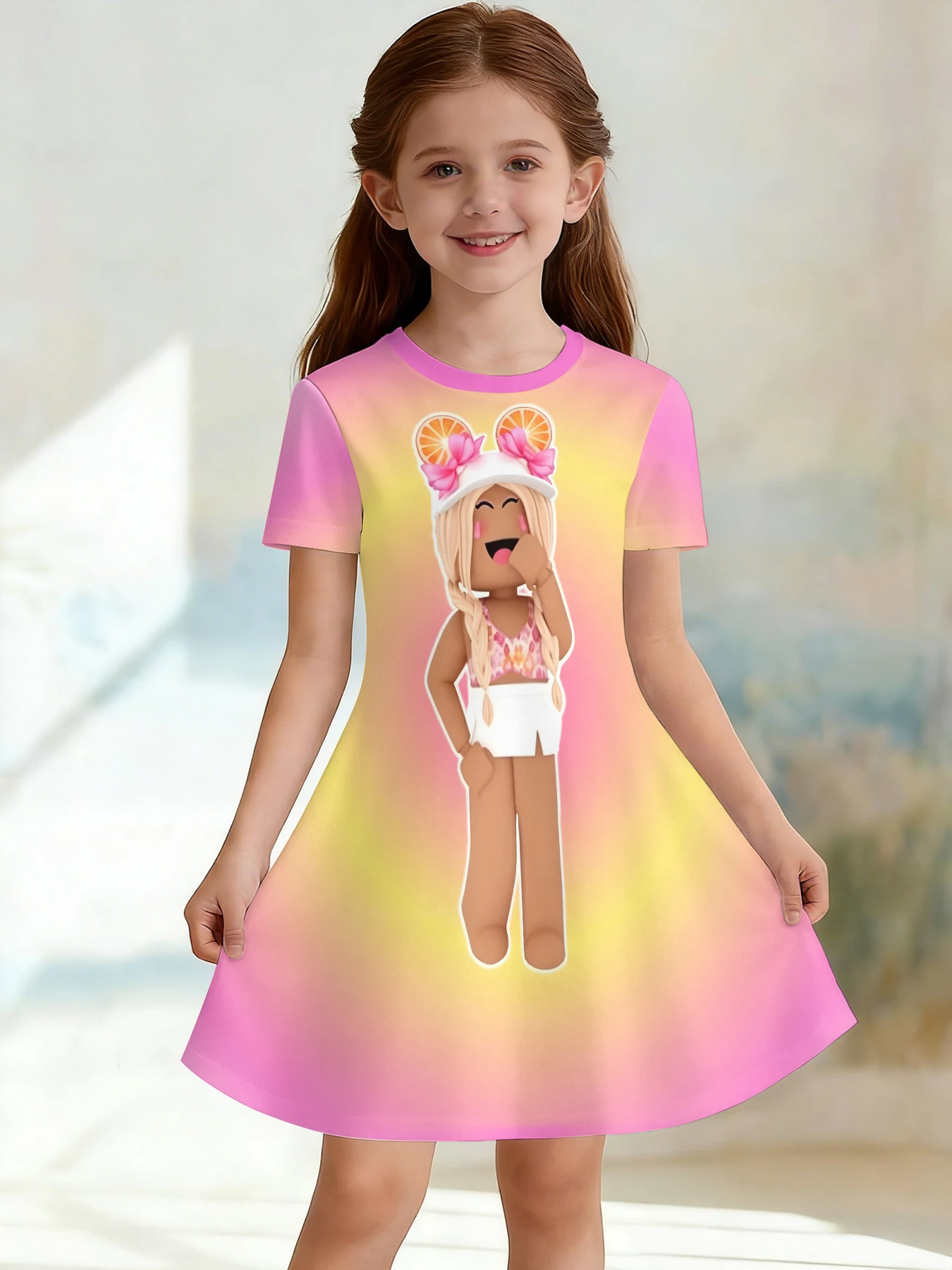 robox: Vestido de cuello redondo 3D para niñas, estilo anime mecha, estampado en bloques de color rosa, perfecto para fiestas y regalos de cumpleaños.