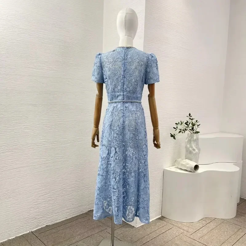 Women's Blue Short Sleeve Lace Bow Midi Dress Invisible Back Zipper Closure Elegant Ladies 2024 High Quailty