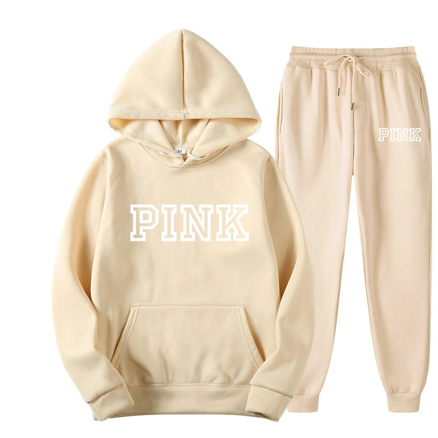 PINK Hoodies Casual American Style Hoodie Set Women Autumn Long Sleeves Hooded Loose Pullover Street Sweatshirt