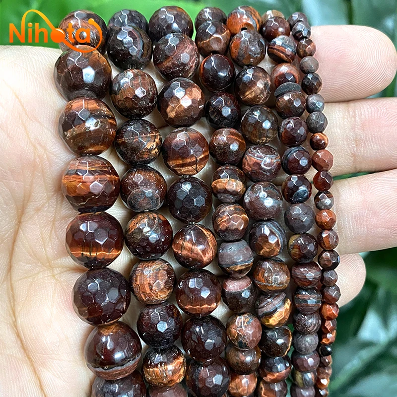 

Natural Faceted Brown Tiger Eye Stone Round Loose Beads 15" Strand 4/6/8/10/12mm Handmade by hand DIY Bead Perles Accessories