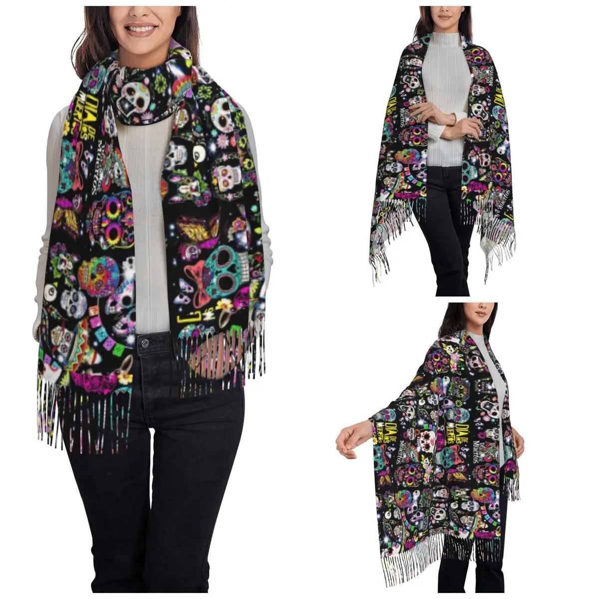 Women\'s Tassel Scarf Day Of The Dead Sugar Skull Long Winter Fall Shawl Wrap Halloween Cartoon Daily Wear Pashmina Scarves