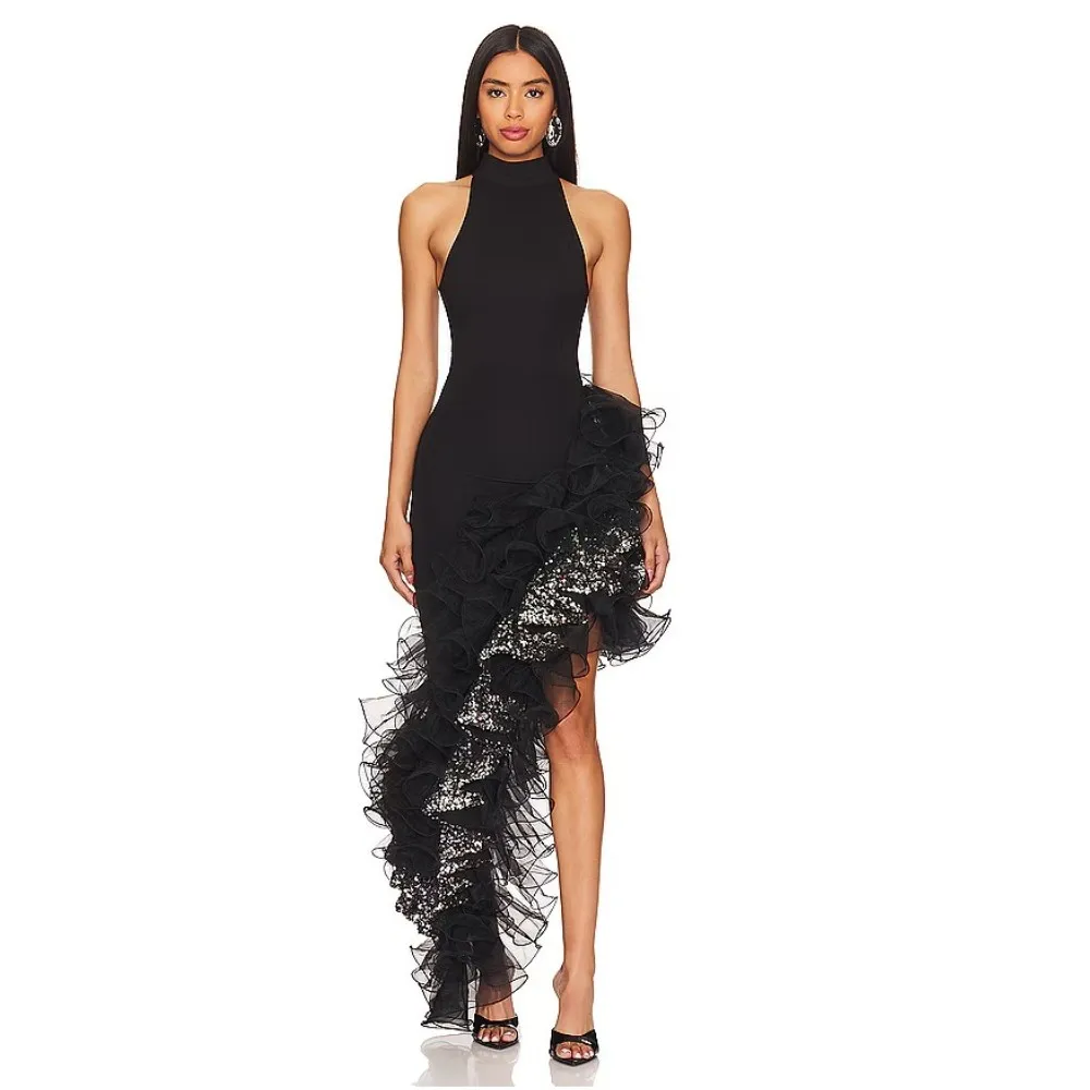 Couture Halter Black Asymmetrical Women Party Dresses With Sequin And Ruffles Trimmed Detail Sexy Maxi Dress