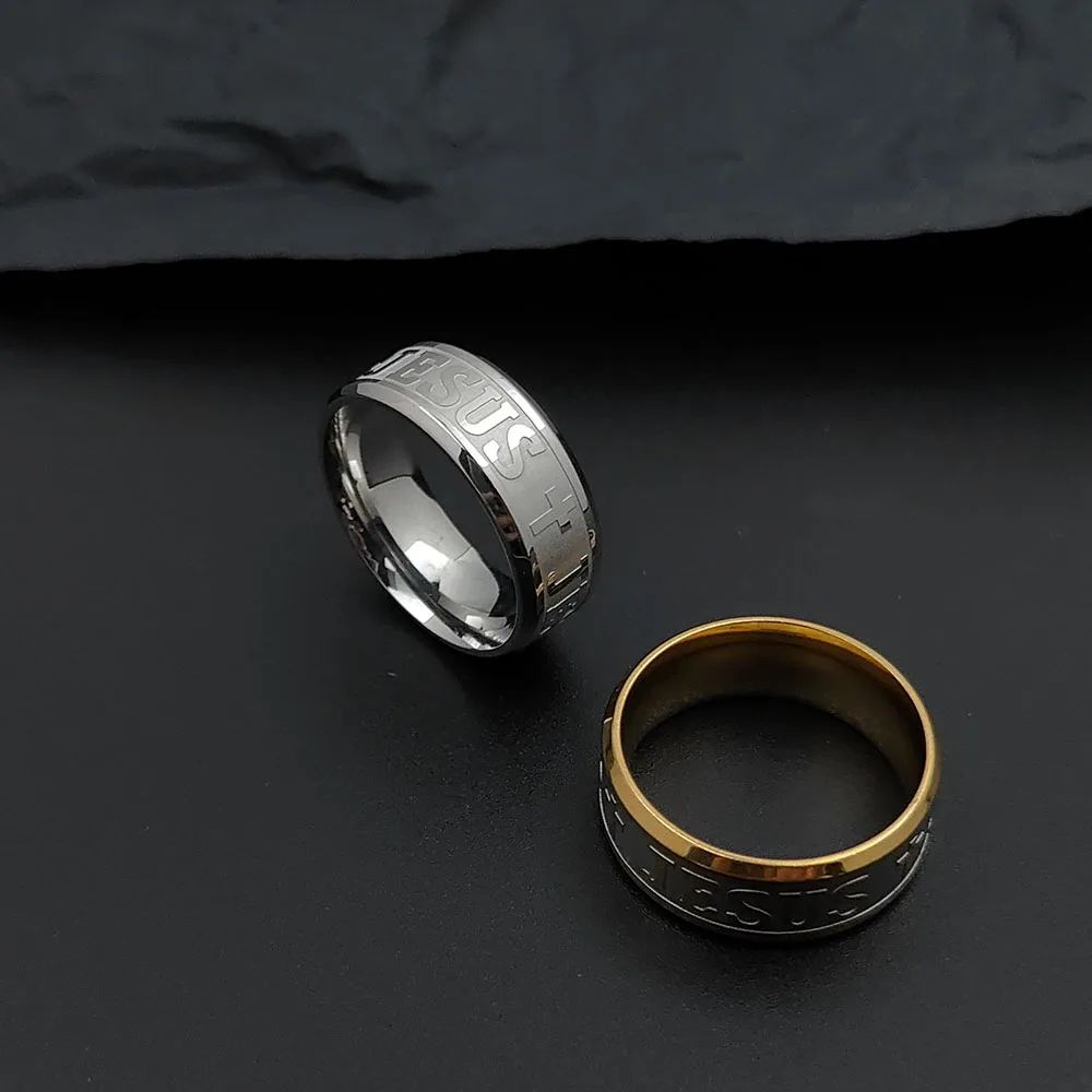 1Pcs Stainless Steel 8mm Religious Jesus Cross Ring Russian God Save Us Band Rings for Men Women Christian Jewelry Anillos