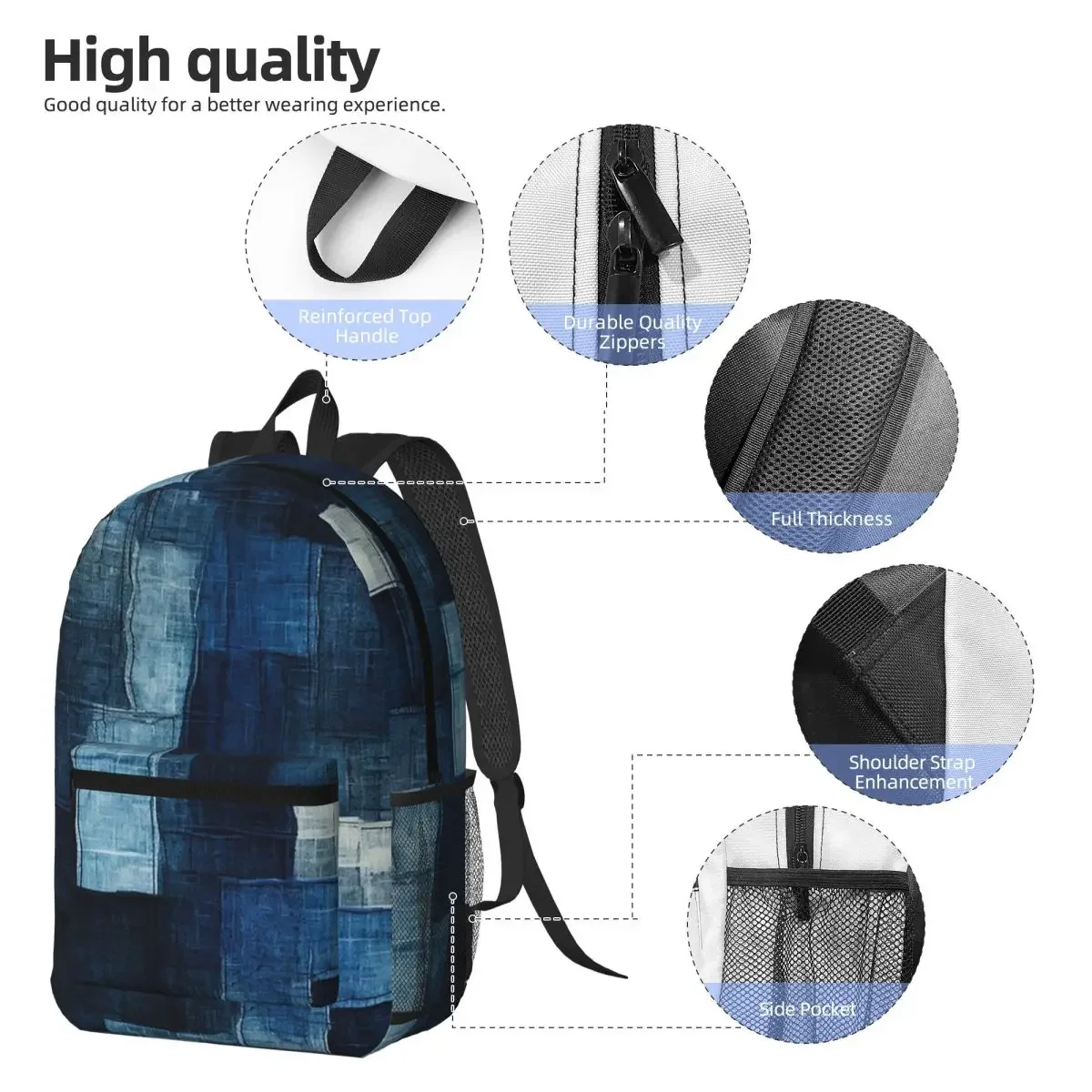 Blue Faux Denim Patchwork Quilt Backpack Daypack Large Capacity Kids BookBag School Bag Shoulder Bags for Men Women