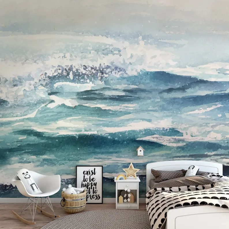 Blue Sea Ombre Removable Wallpaper Wall Decal / Coastal Peel and Stick Wallpaper / Watercolor Self Adhesive Wall Mural Wallpaper