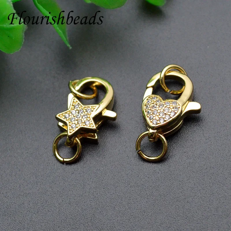 

High Qulaity Gold Plating Cubic Zircon Beads Paved Star Heart Shape Clasp Connectors for Jewelry Making Supplier 10pcs/lot