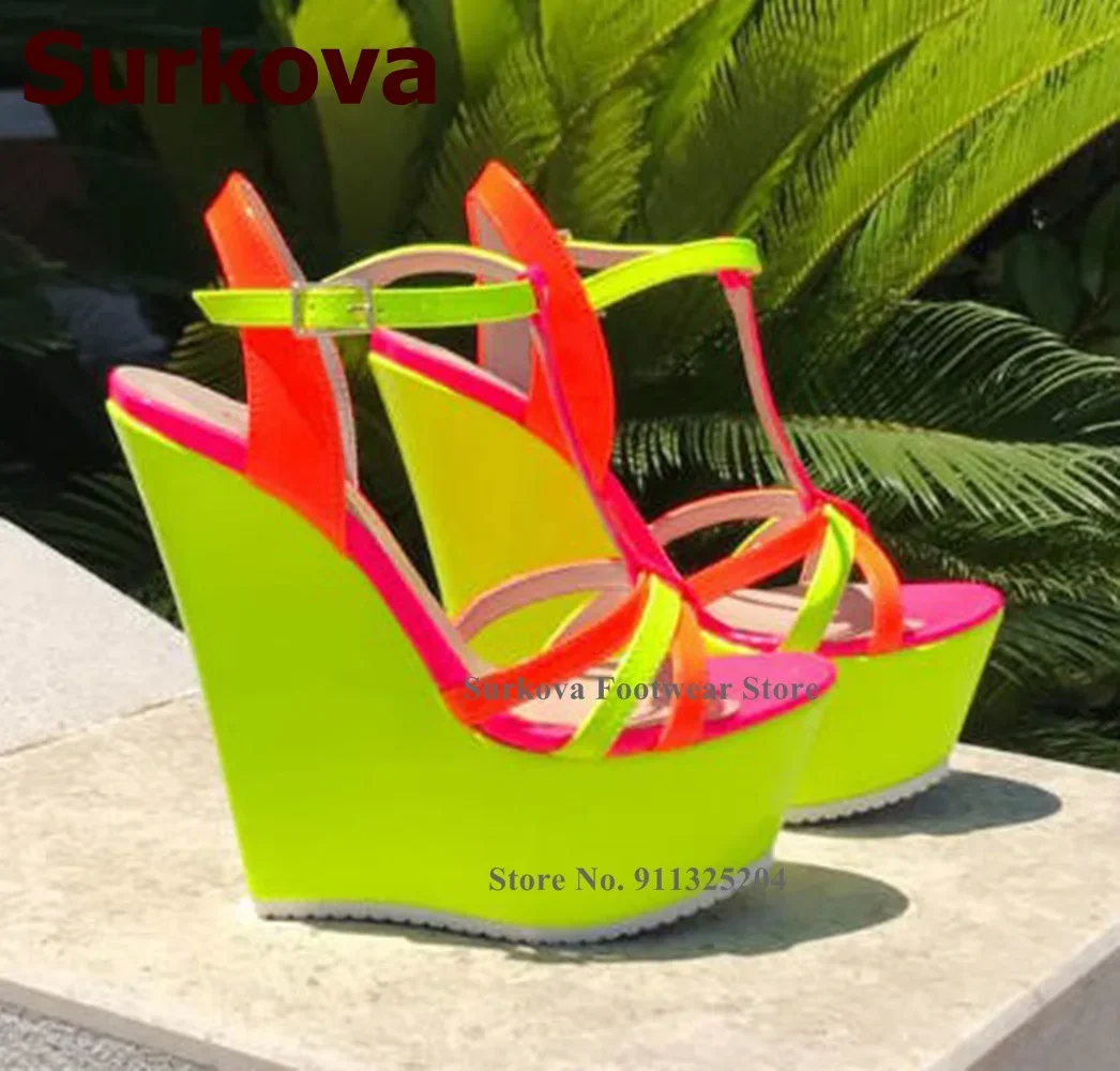 Surkova Neon Yellow Wedge Heel Sandals Orange Pink Patent Leather Patchwork Wedding Shoes Real Photo T-bar Banquet Pumps Size46