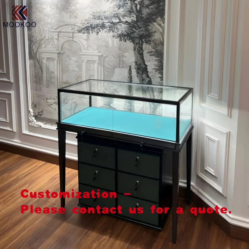 custom.Glass-Enshrined Cerulean-Lined Verdant Multi-Drawer Elegant Nook Luxe Jewelry Display Showcase
