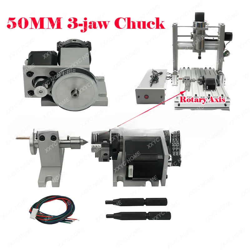 50mm cnc rotary axis kit 4th axis 3 jaw chuck two phase 42 stepper motor tailstock for lathe cnc router engraver milling machine