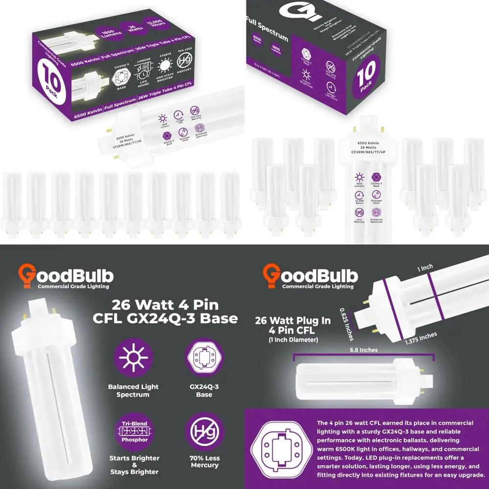 

Compact Fluorescent Light Bulbs 26W Triple Tube High Output 1800 Lumens 6500K Full Spectrum 4 Pin GX24Q-3 Base