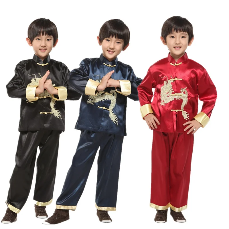 

Kids Chinese Style Tang Suit Dragon Embroidery Boy Girl Children New Year Party Outfits KungFu Traditional Oriental Clothing Set