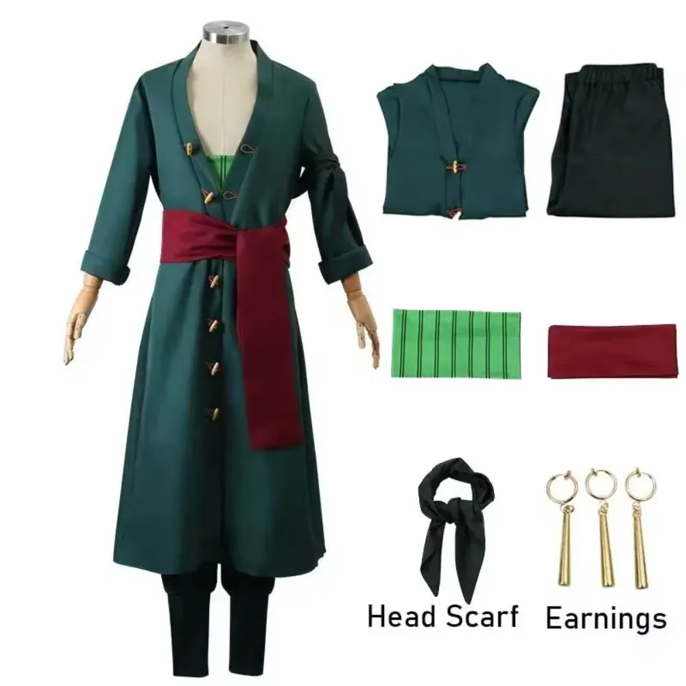 

Anime Roronoas Cosplay Costume Anime Kimono Robe Zoro Cloak Uniform Halloween Outfits with Earrings Jacket Scarf Pants