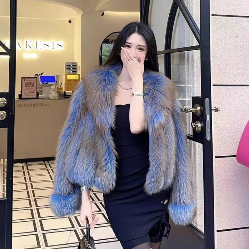 YOLANFAIRY الخريف والشتاء المستوردة كله الثعلب الفراء الإناث رشاقته الدفء الفراء طوق قصيرة طول معطف الفرو شوهبات اغنائية 2025