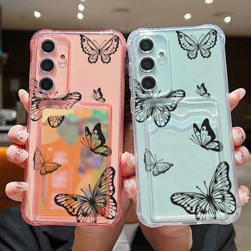 Kart Çantası Cüzdan Temizle Kılıf Samsung Galaxy S24 S23 FE S22 Ultra A16 A55 A35 A25 A15 A06 A05 Kelebek TPU Kapak Oymak