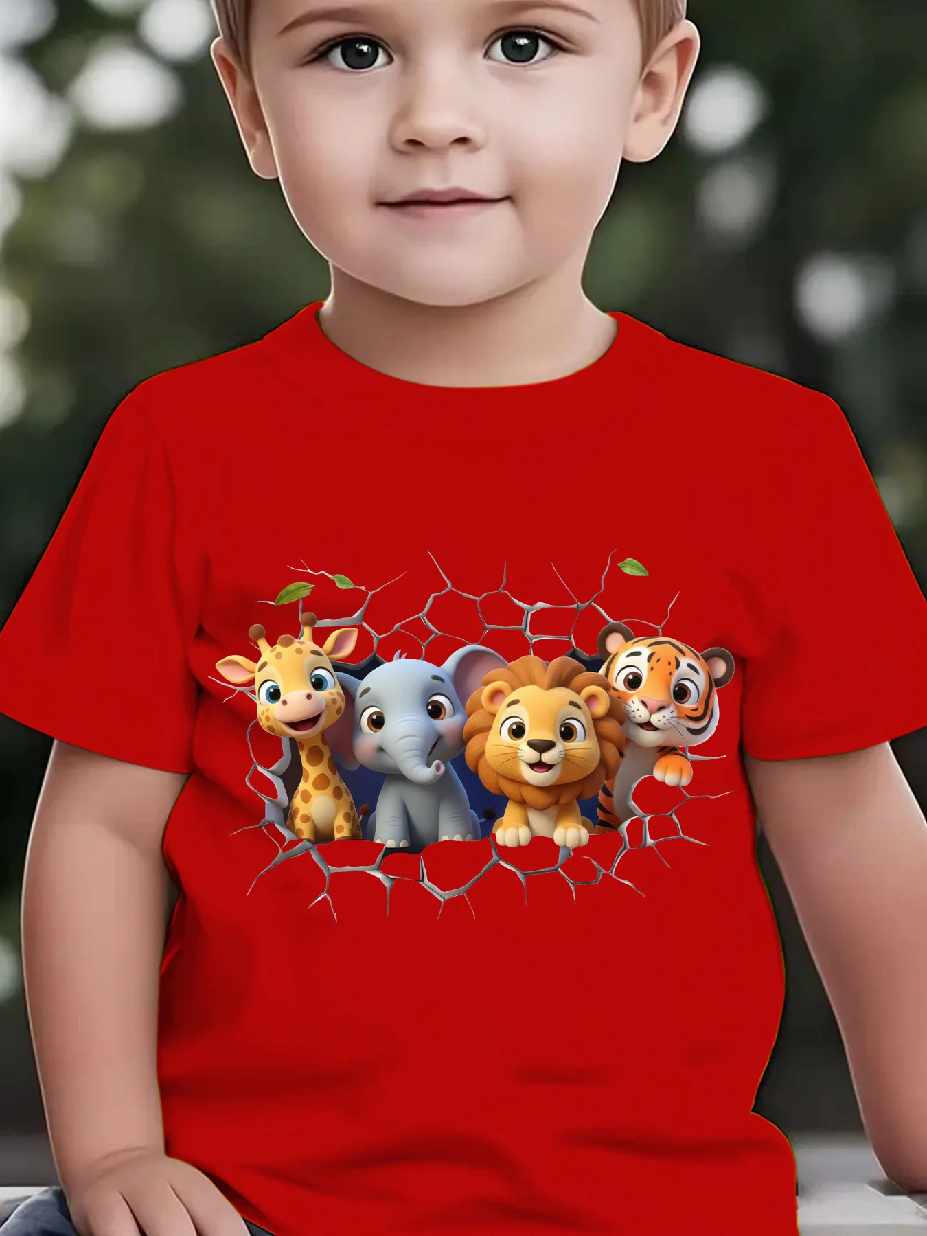 Summer Children's Fashionable T-shirt with Broken Wall Giraffe Animal Cartoon Pattern Printed Outdoor Casual Parent-child Top