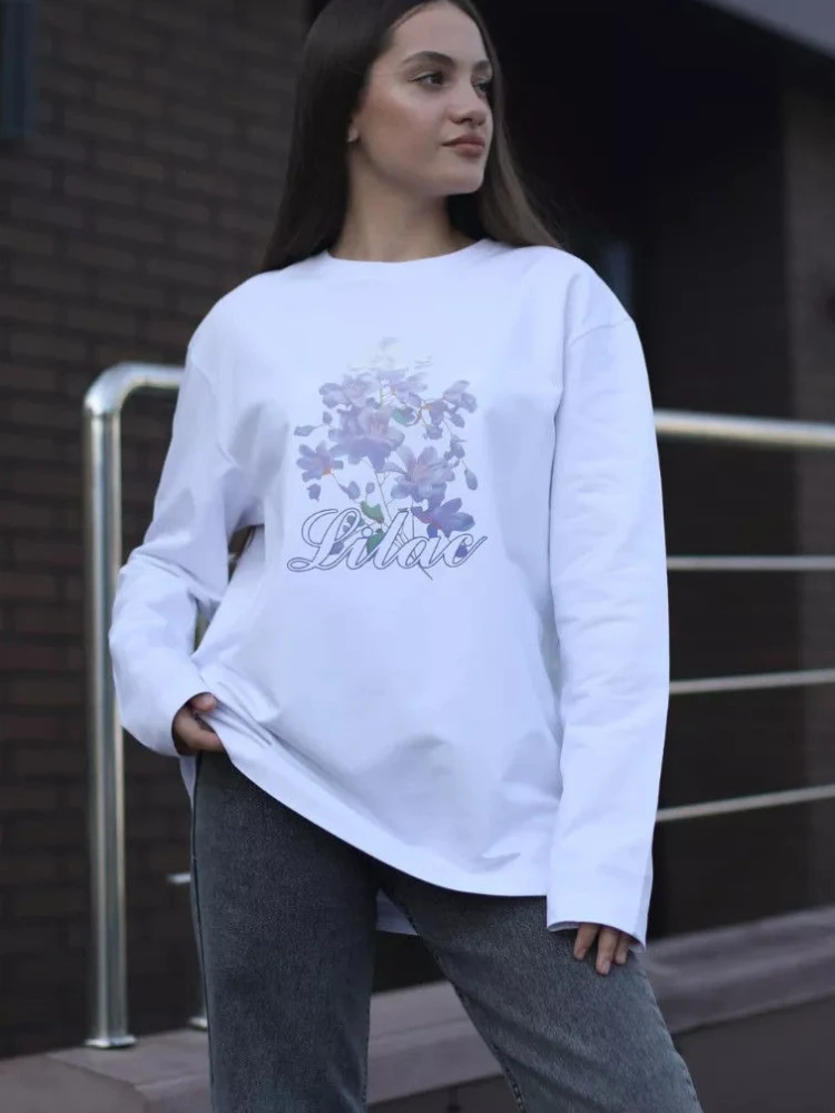 ดอกไม้หวานผ้าฝ้าย 100% เสื้อยืดแขนยาวบางเสื้อสวมหัวหลวมขนาดใหญ่วิทยาลัยผู้หญิงน่ารักพื้นฐานฤดูใบไม้ร่วงฤดูหนาว