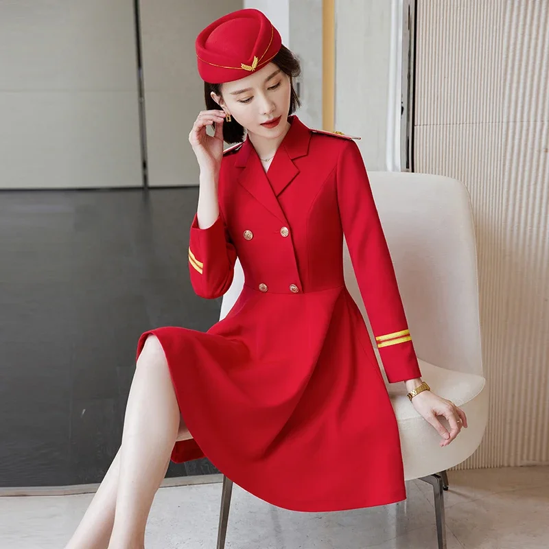 Flight & High-Speed Rail Attendant Uniform Professional Attire Long Sleeve Red Suit Collar Swing Dress Band Performance Costume