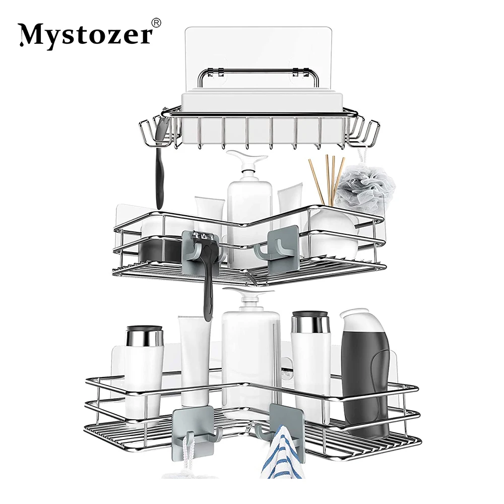 

Mystozer Bathroom Organizer Stainless Steel With Soap Four Reliable Hooks Corner Shelf Adhesive No Drilling Accesorios de Baño