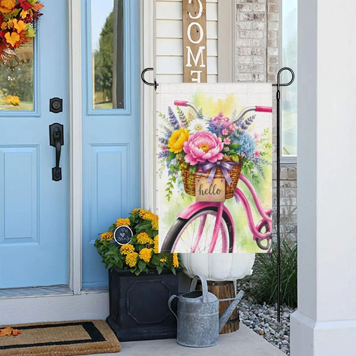 InkRain Hello Floral Bicycle Garden Flag 12x18 Inch, Pink Bike with Peony and Hydrangea Basket, Watercolor Art Spring Summer kkz