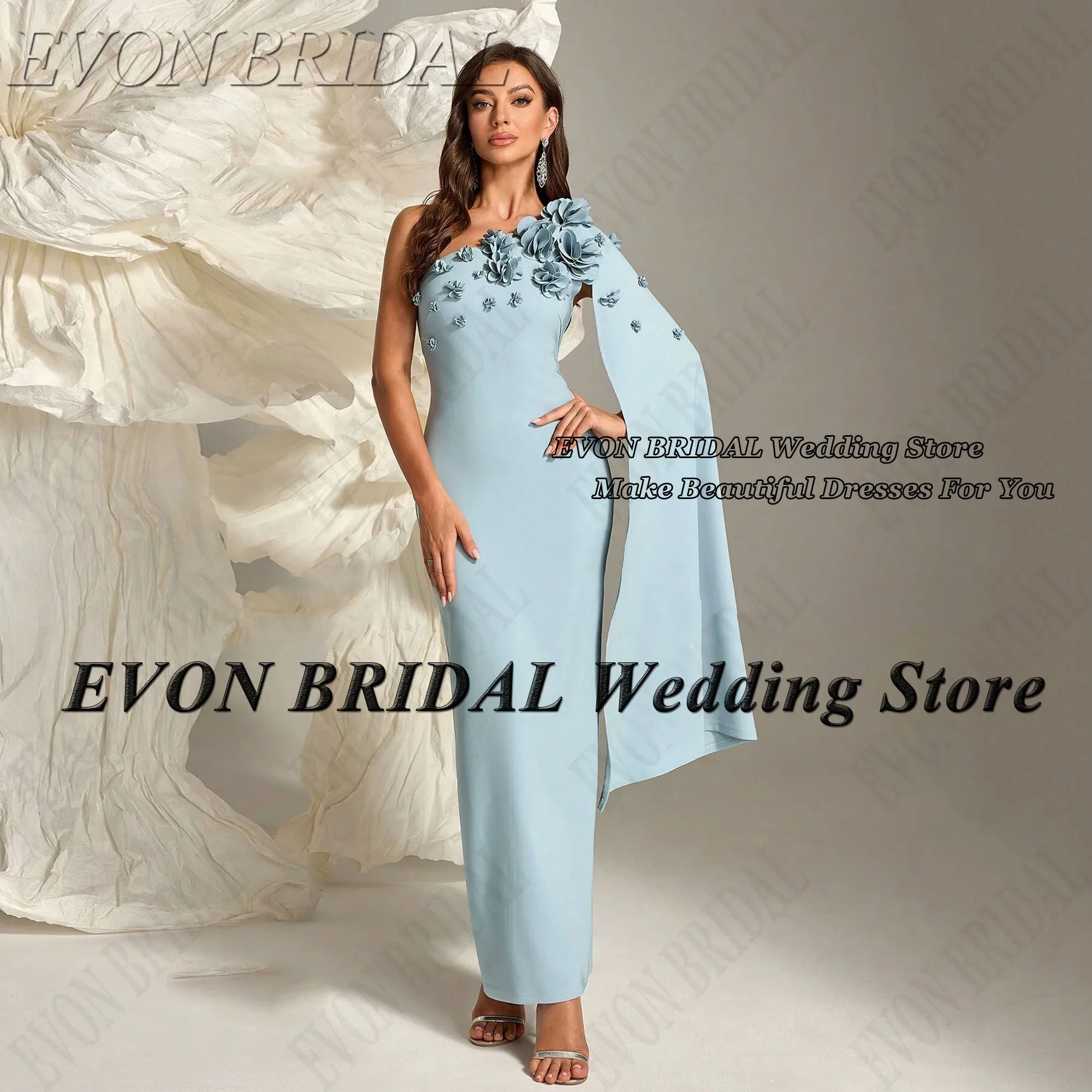 

EVON BRIDAL One Shoulder Evening Dress Women 3D Flowers Sky Blue Satin Mermaid Formal Occasion Dresses فساتين للمناسبات الخاصة