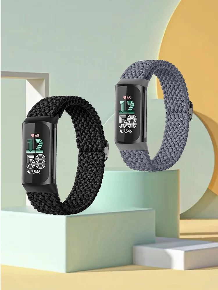 2 Stuks Sport Nylon Gevlochten Band Armbanden Rekbaar Voor Fitbit Charge 5/6 Elastische Band Lus Voor Fitbit Versa 3/4 Smart horloge